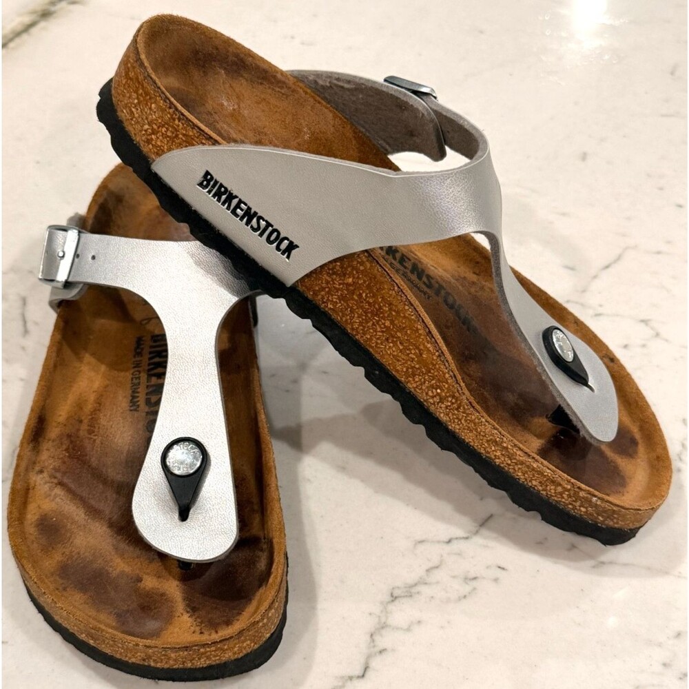 Birkenstock Gizeh Birko-flor Metallic Silver Sandals Women Size 37 US 6